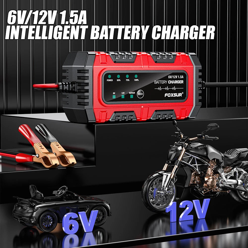Cargador automático de batería de 6 V / 12 V, 1.5 A