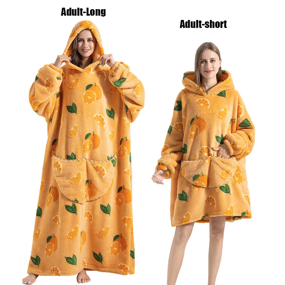 Women Plush Fleece Blanket Men Warm Thick Hoodies Adult Giant TV Blanlets with Sleeves Super Long Cold-proof Homewear Pajamas 