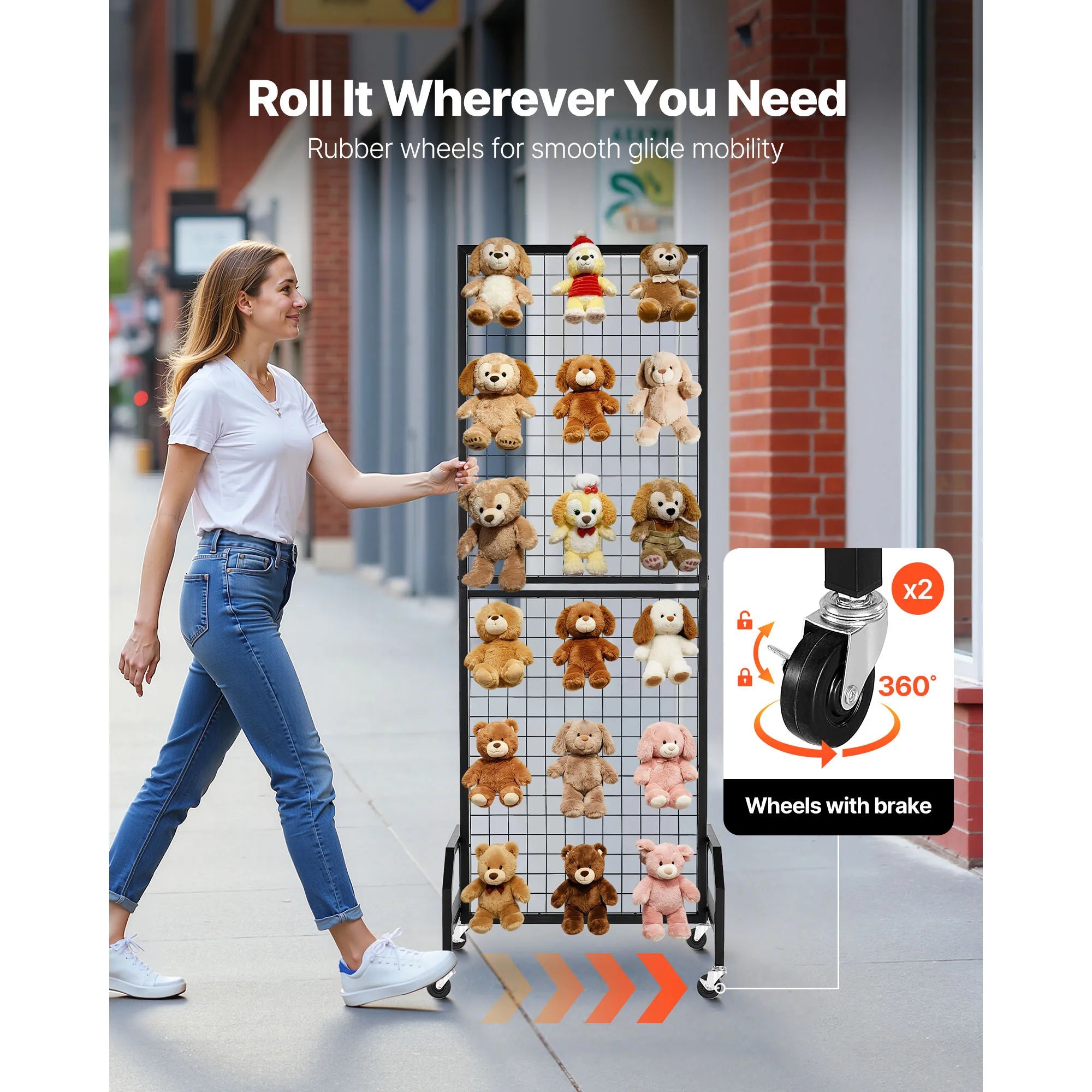 Rolling Grid Wall Display Panel with Hooks and Wheels