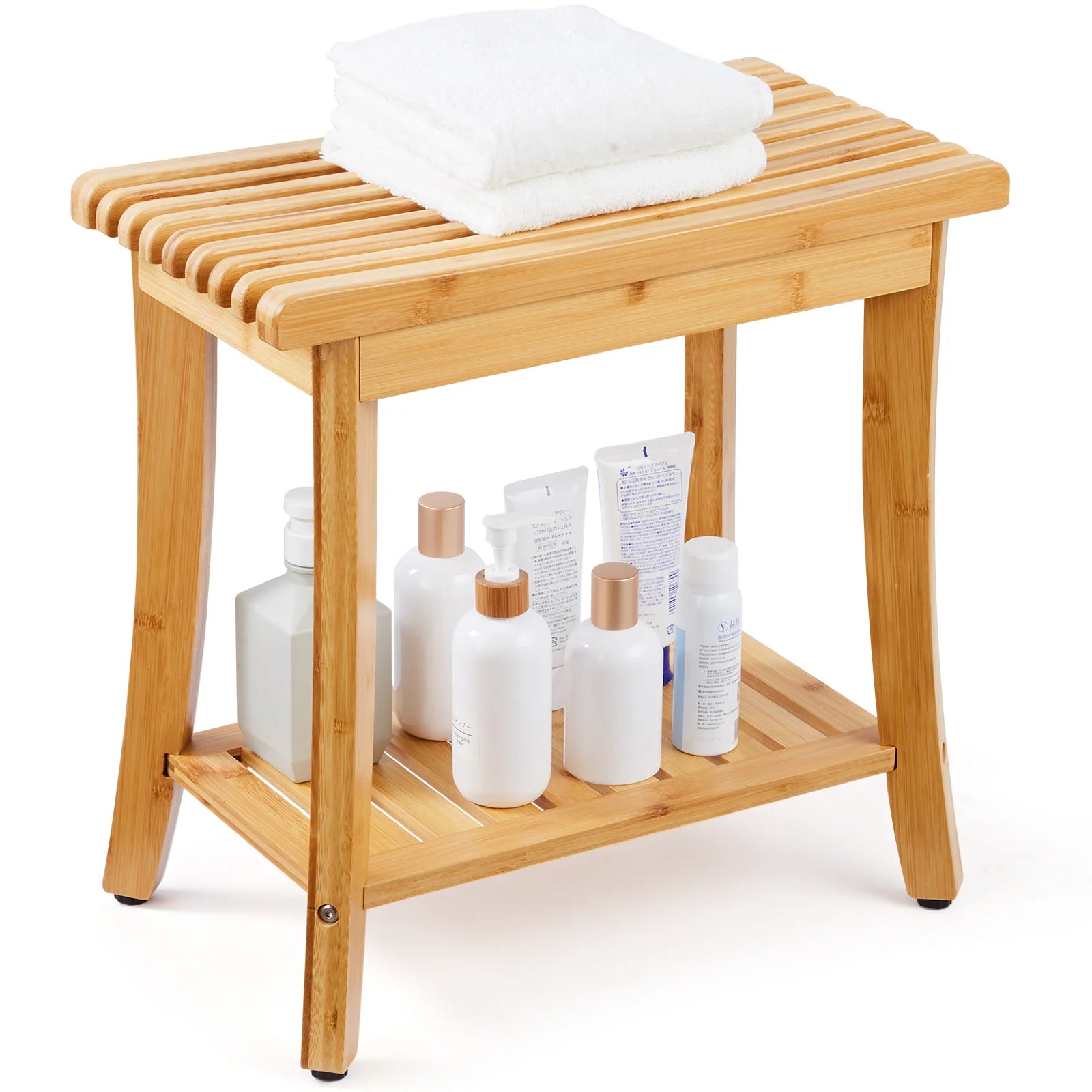 Bamboo Shower Bench with Storage Shelf 330lb Capacity Stool