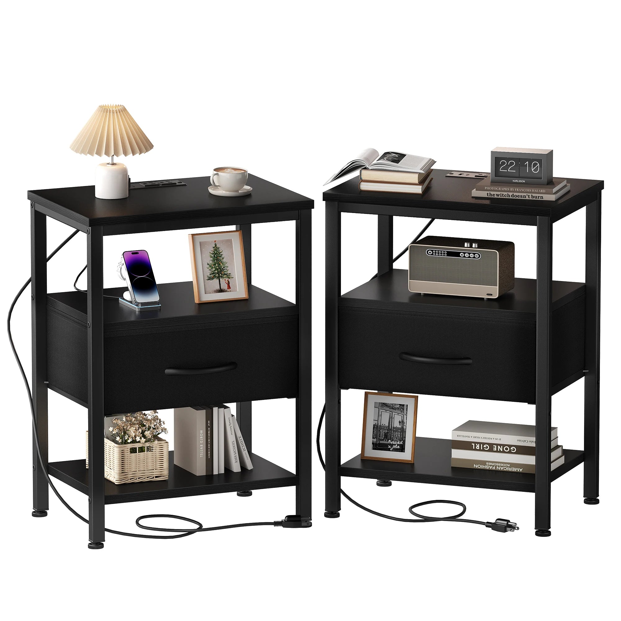 3-Tier Nightstand Set of 2 with Charging Station and Storage Drawers