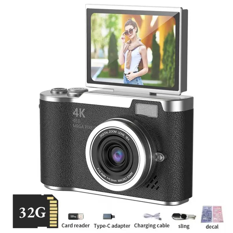 4K Digital Camera with 48MP, 8X Zoom, 180° Flip Screen, 32GB Card