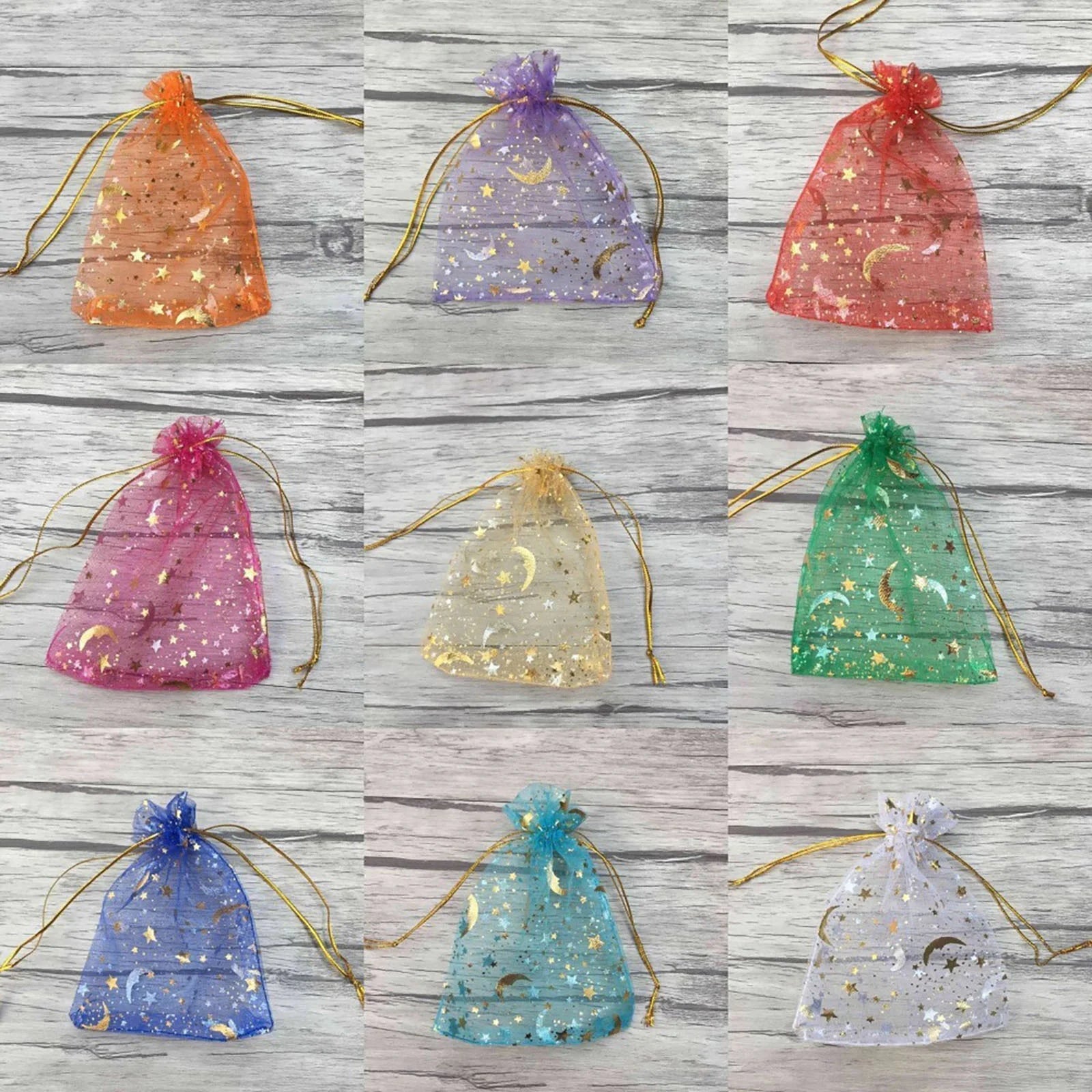 50PCS Moon Stars Drawstring Organza Bags Jewelry Gift Bags Pouches Gold Star Organza Favor Pouches for Christmas Wedding 
