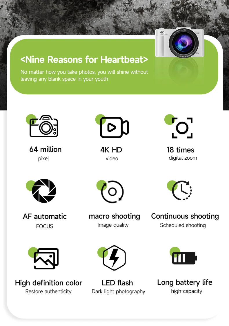 4K 64MP Retro kompaktný digitálny fotoaparát s 18-násobným priblížením