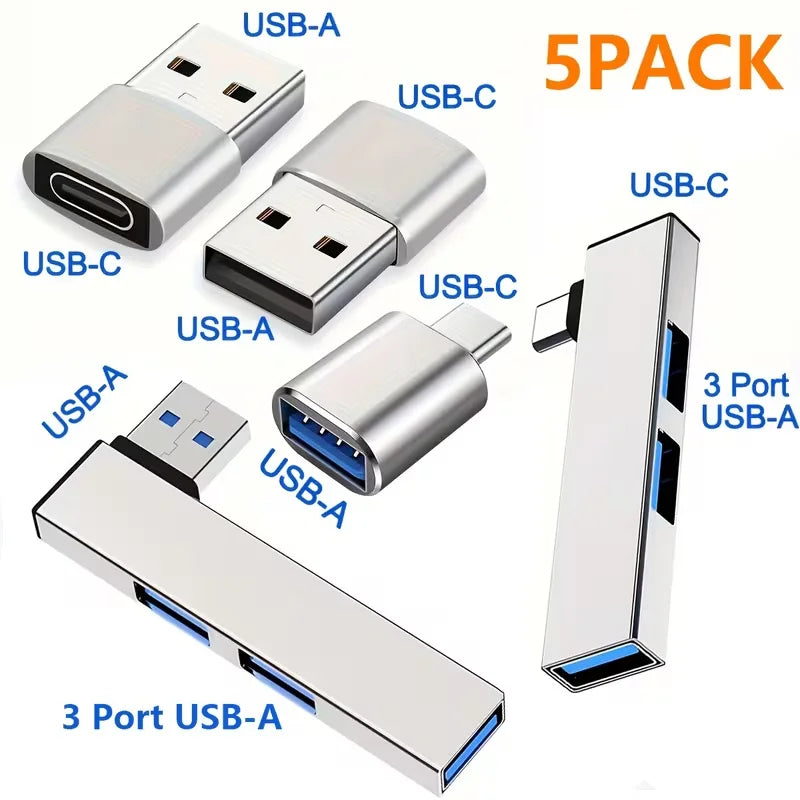 Juego de 5 adaptadores USB versátiles, convierte USB C a USB A, con concentrador USB 3.0 para carga rápida y función OTG