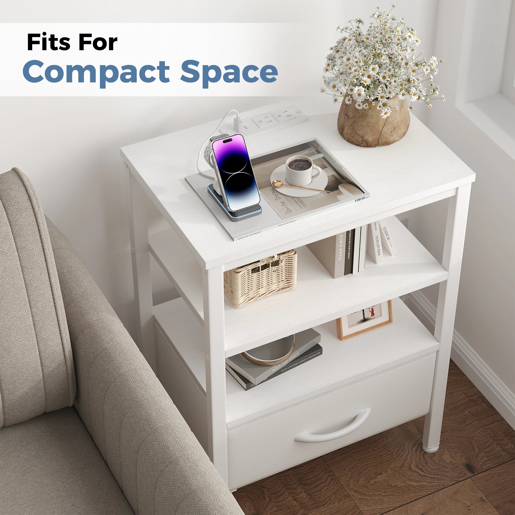 3-Tier Nightstand Set of 2 with Charging Station and Storage Drawers
