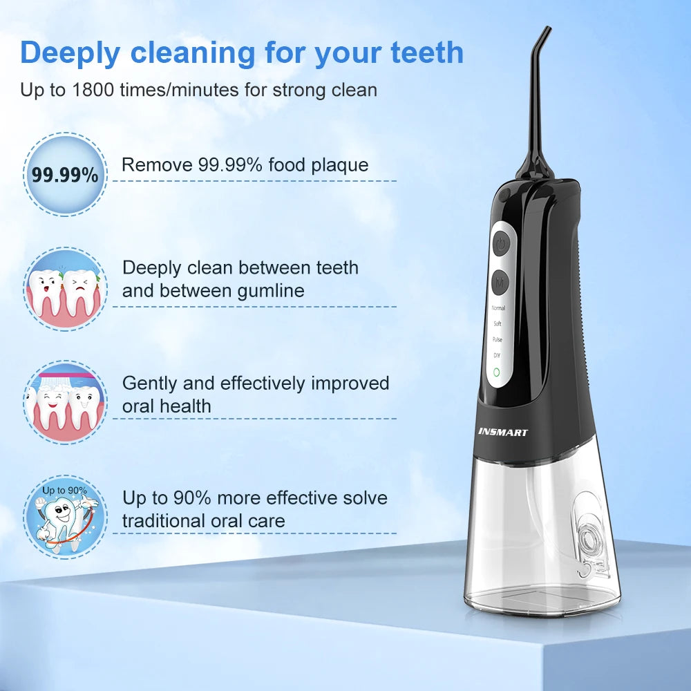 INSMART Oral Irrigator Dental Water Flosser Teeth Whitening Waterproof Portable Dental Water Jet Floss 300ML Teeth Cleaner 