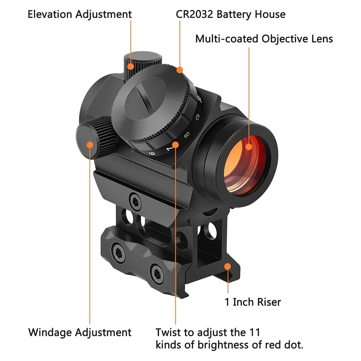 2MOA Red Dot Sight 1x25mm Reflex Sight Waterproof & Shockproof & Fog-Proof Red Dot Scope with 1 inch Riser Mount 