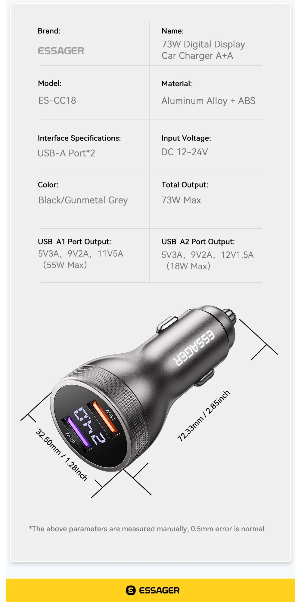 Dobbelt USB-A-biloplader med spændingsvisning, 12–24 V