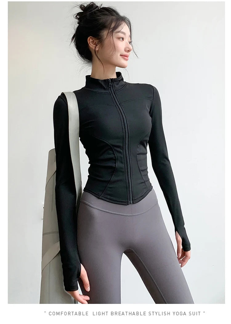 Long Sleeve Sports Jacket Women Zip Fitness Yoga Shirt Winter Warm Gym Top Activewear Running Coats Workout Clothes For Cycling 