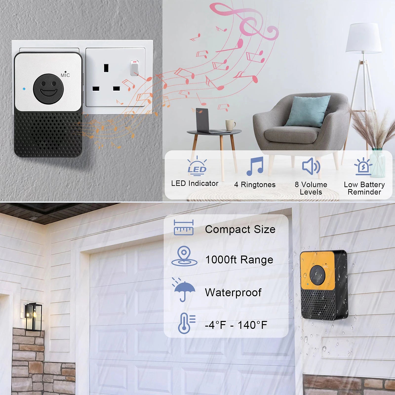 Wireless 2-Way Intercom Doorbell 800ft Range with LED Alert