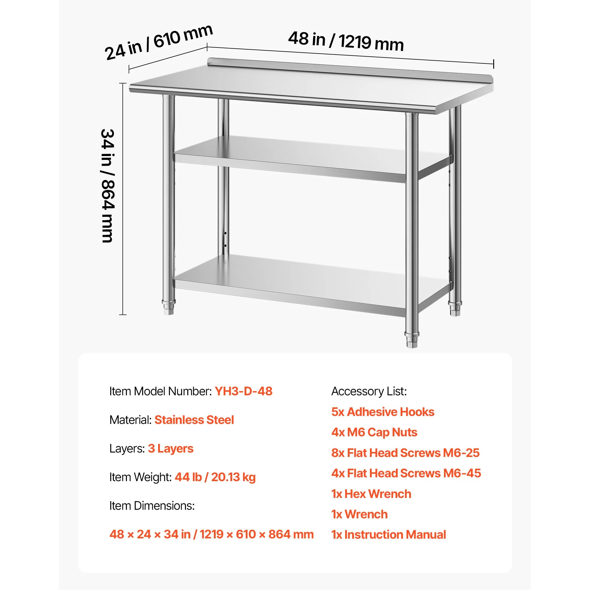 Mesa de Trabalho em Inox 24x48 polegadas SucceBuy com 2 prateleiras e alça de backsplash, estação de trabalho para cozinha comercial para restaurante e casa