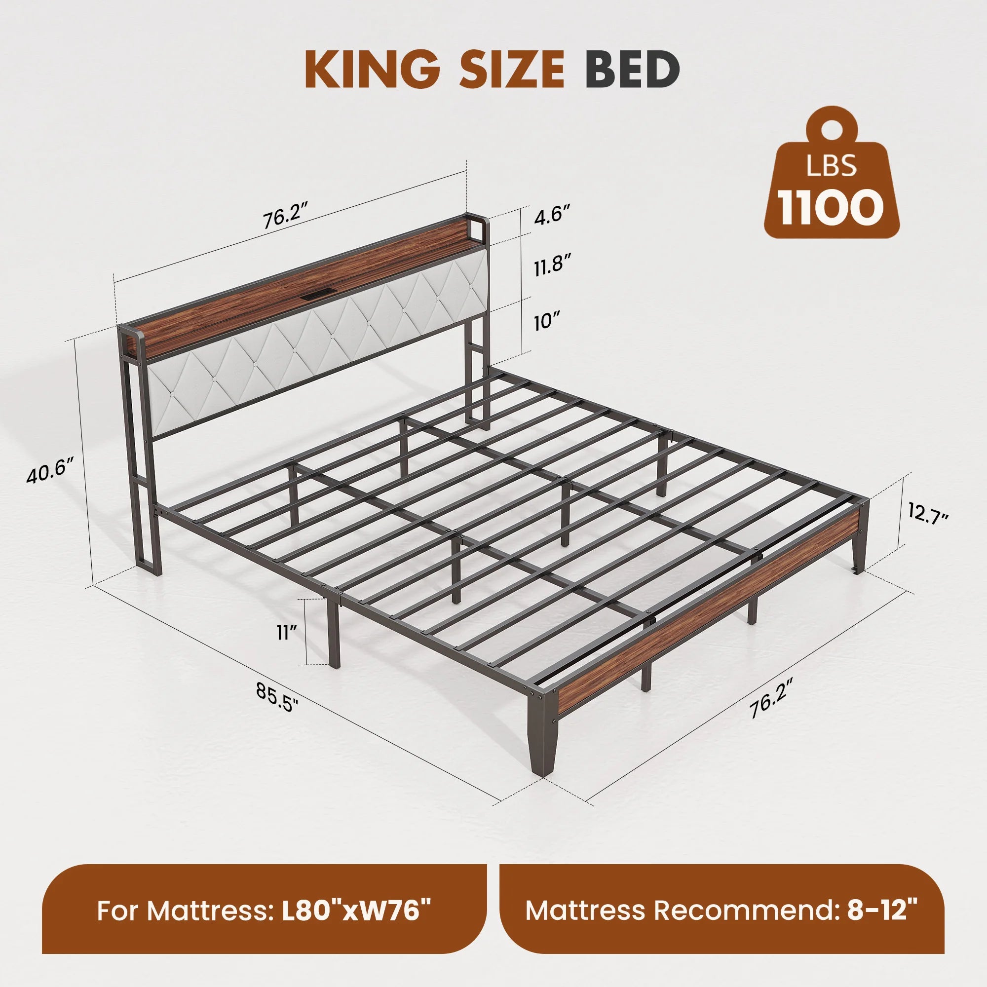 King Size Metal Bed Frame with Storage & Charging Headboard