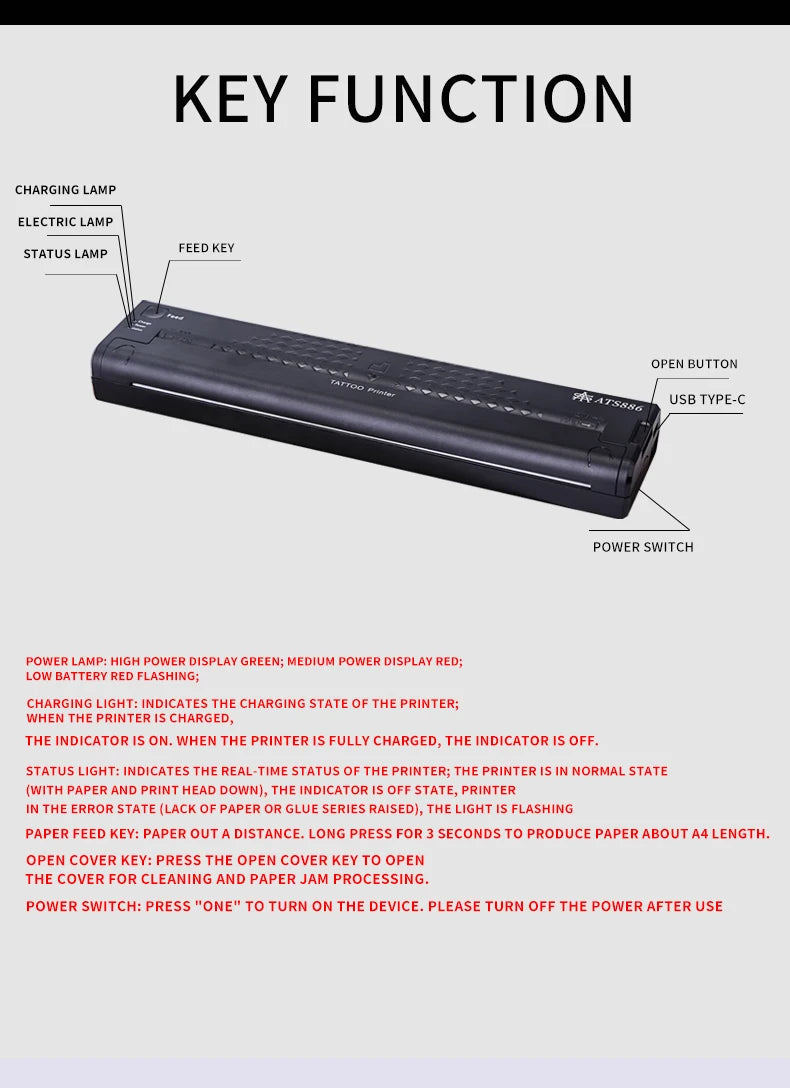 Tattoo Stencil Transfer Printer Machine ATS886 Tattoo Printer Portable Thermal Stencil Maker Line Photo Drawing Printing Copier 