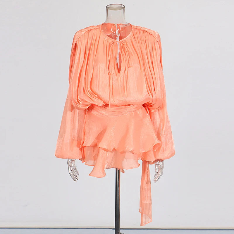 TWOTWINSTYLE Solid Patchwork Lace Up Blouse Mini Dresses For Women V Neck Long Sleeve Sweet Style Dress Female Clothing Fashion 