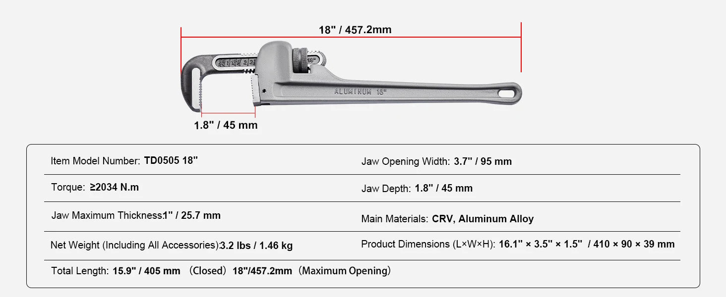 24" Aluminum Pipe Wrench Adjustable 4.1" Jaw Heavy-Duty Grip