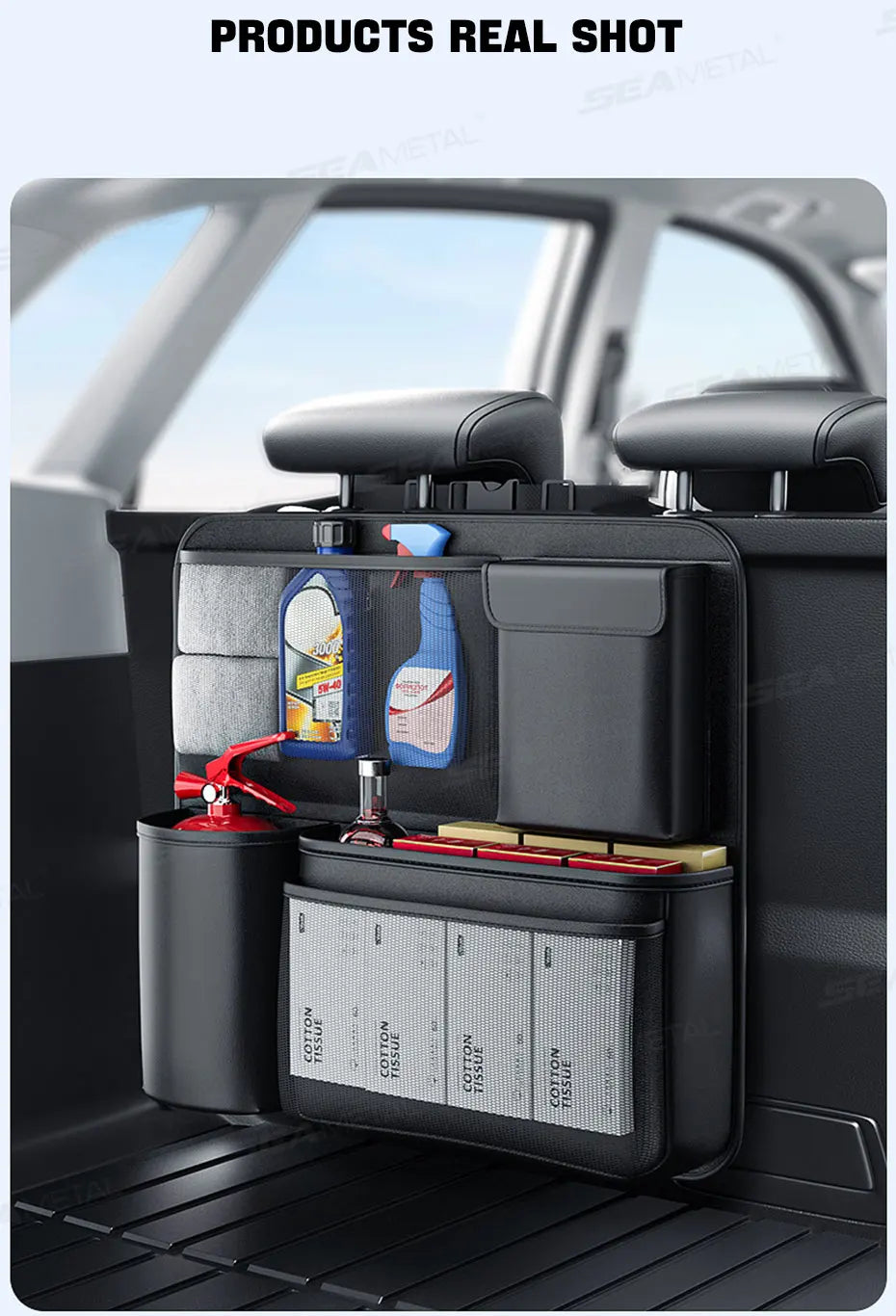 SEAMETAL SUV/MPV Trunk Storage Bag Wear-Resistant PU Leather Car Organizer Hook-and-Loop Fastener Auto Seat Back Storage Pouch