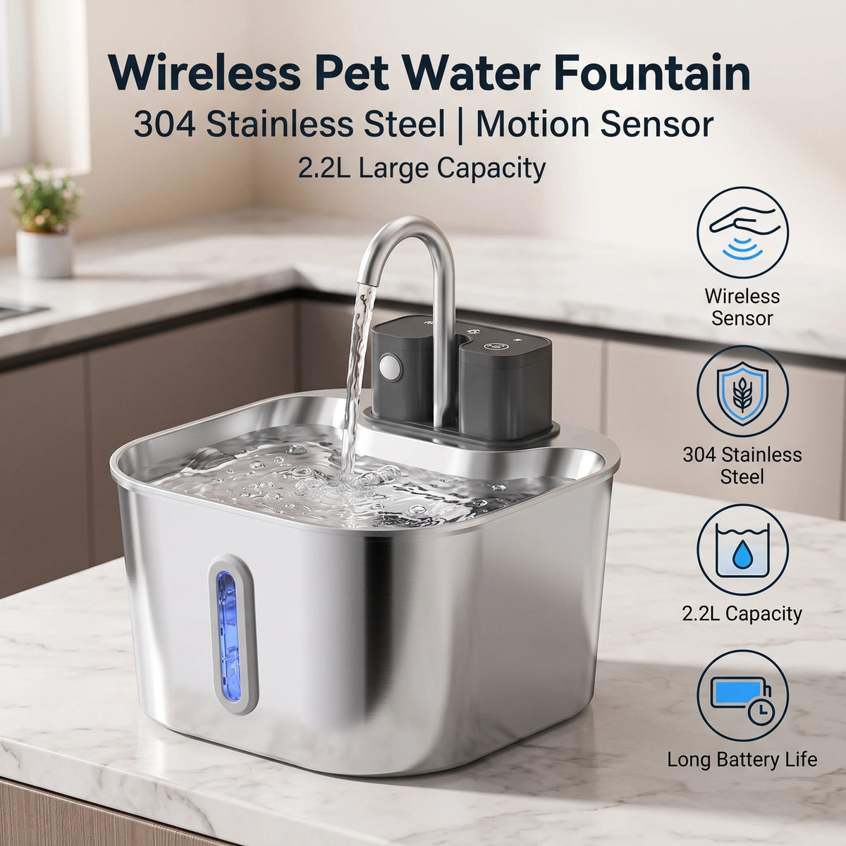 2.2L Wireless Recharging Sensor Stainless Steel Pet Water Fountain