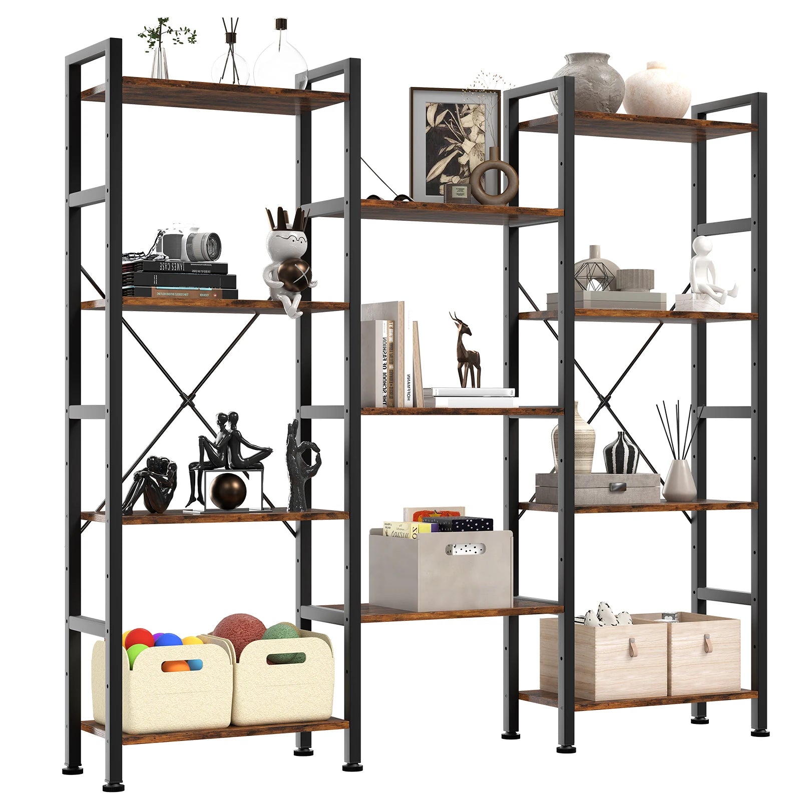 4-Tier Wide Bookshelf with Adjustable Shelves and Metal Frame