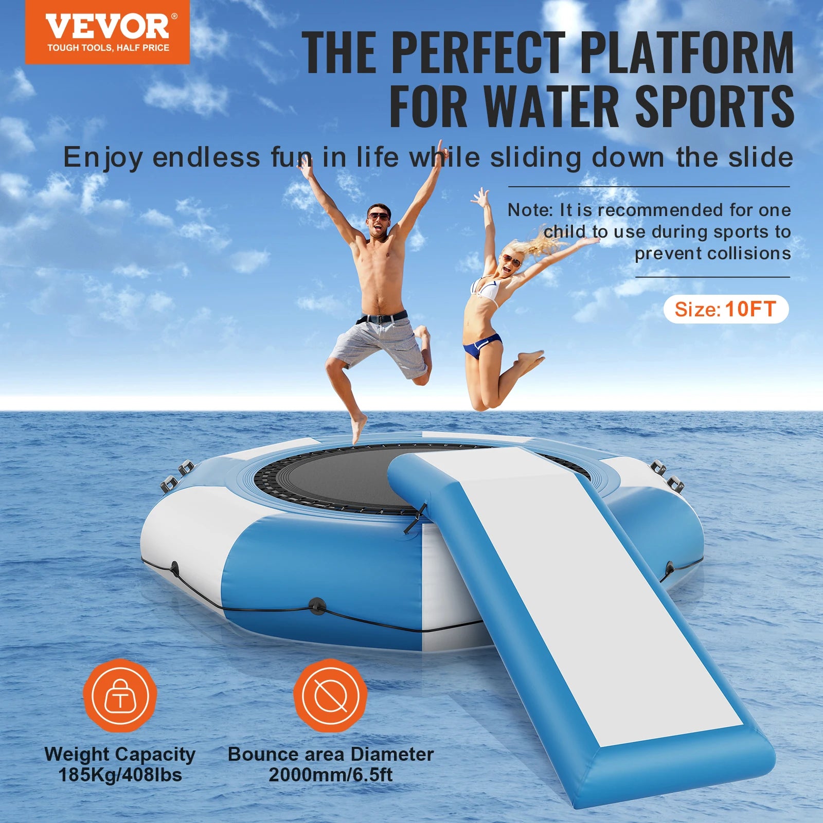 Trampoline aquatique gonflable 10 pieds avec toboggan, échelle et plateforme de baignade