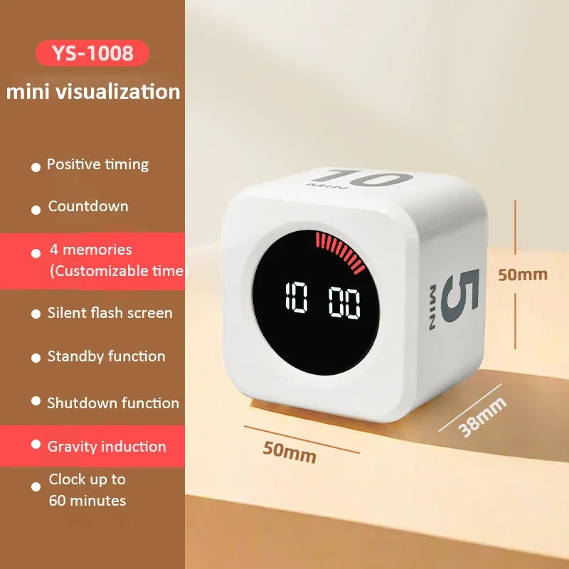Kubisk visuel timer, 99 minutter, lydløs timer med op- og nedtælling, Type-C-tilslutning, tyngdekraftssensor og digital alarm til madlavning, studier og bad