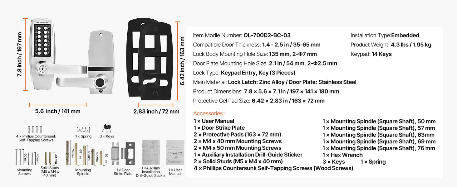 Mechanical Keyless Entry Door Lock with Auto Lock & Keypad