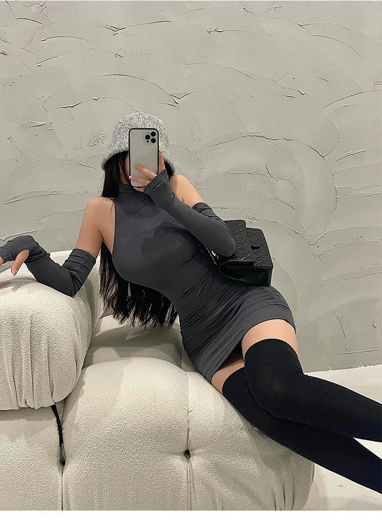 Summer Sexy High Neck Tight Dress Oversleeve Pleated Bottom Wrapped Hip Dress Women Bodycon 