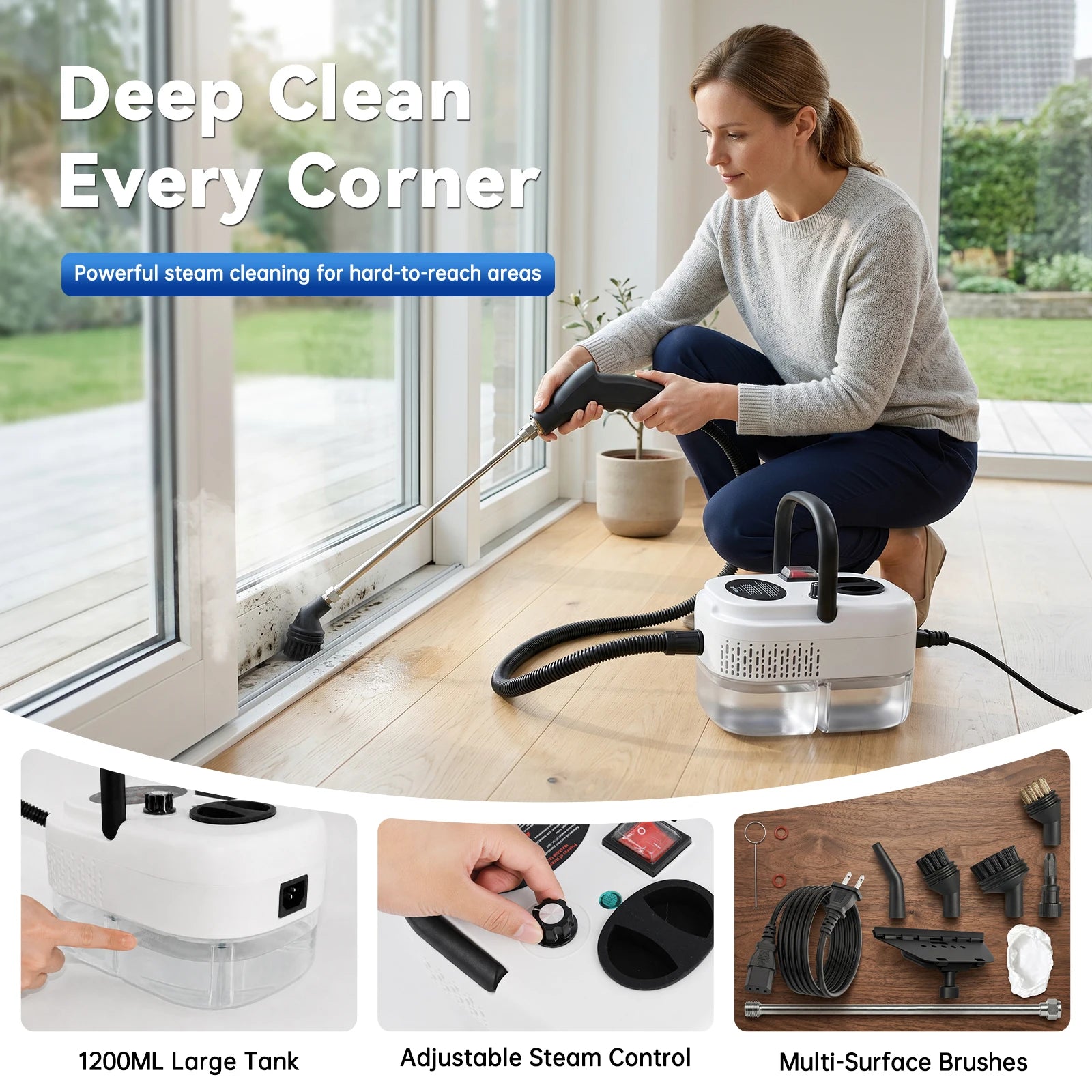 2500W Handheld Steam Cleaner with 1200ml Tank and Accessories