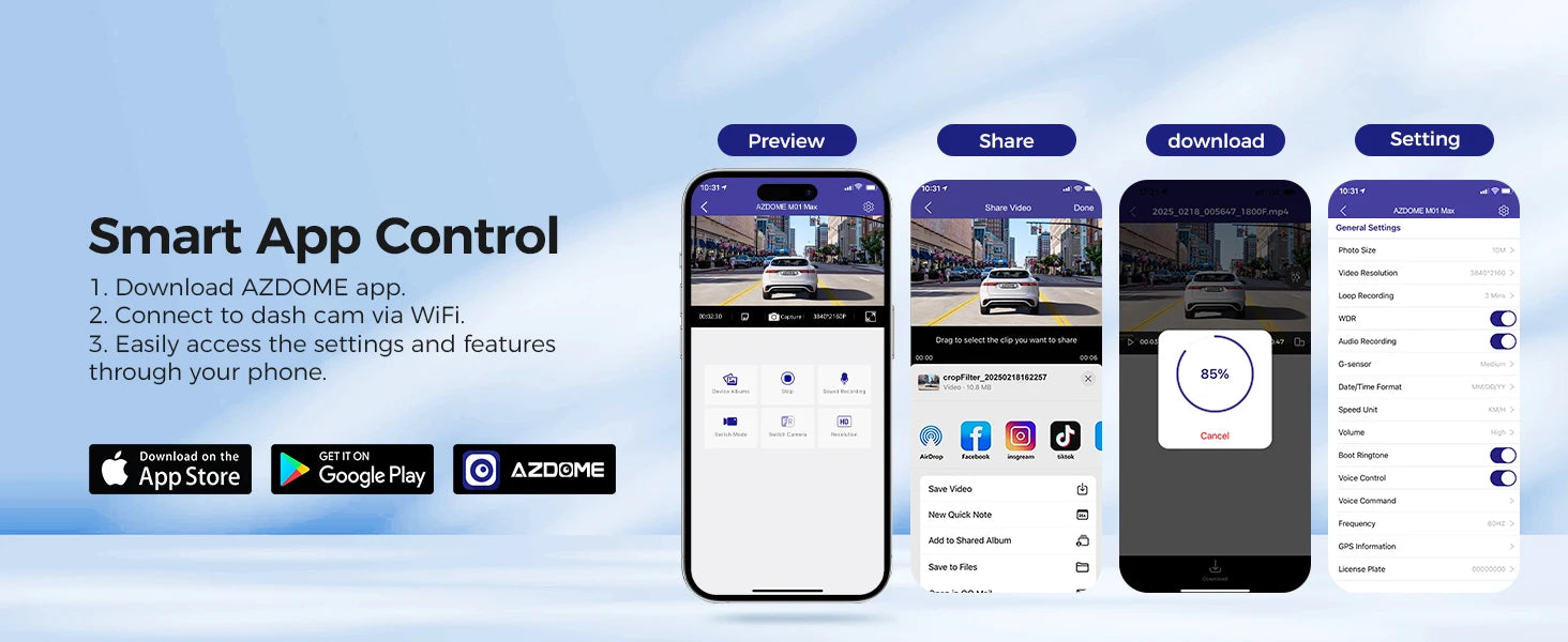 AZDOME 4K Dual Dash Cam with 3" Screen and Rear Camera