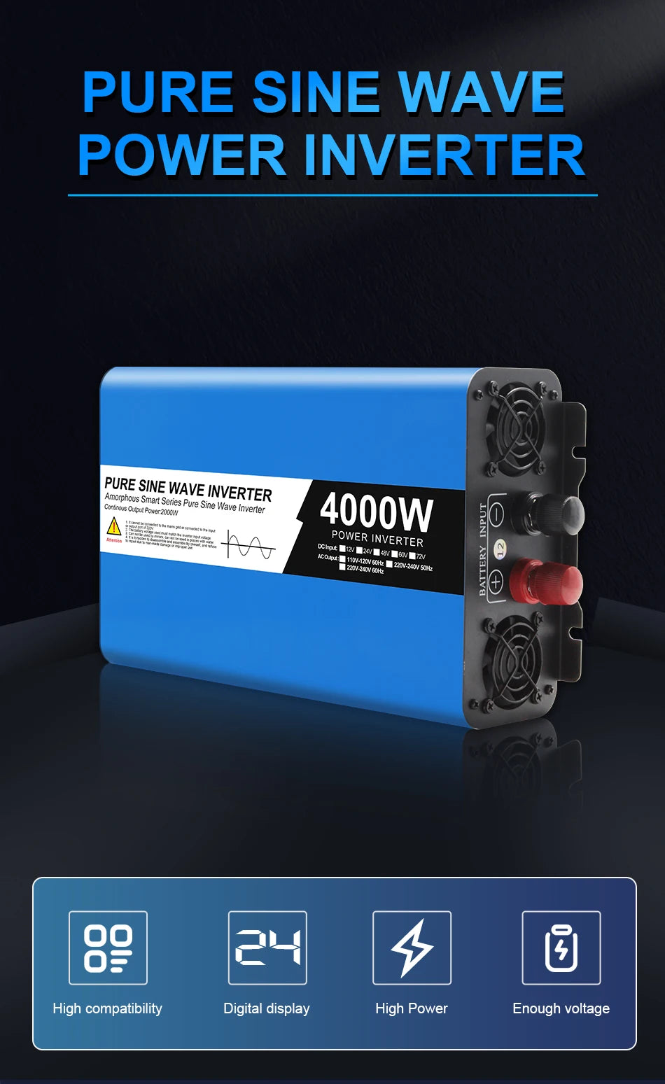 POWGROW Pure Sine Wave 12000W 5000W 4000W Power Inverter DC 12V 24V To AC 220V Portable Power Bank Converter Solar Car Inverter Transformer