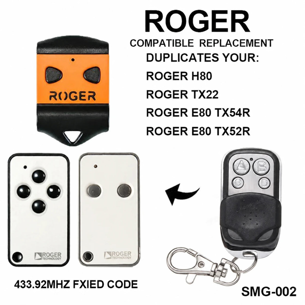 جهاز التحكم عن بُعد SMG-002 لأنظمة ROGER ذات الرمز الثابت بتردد 433.92 MHz