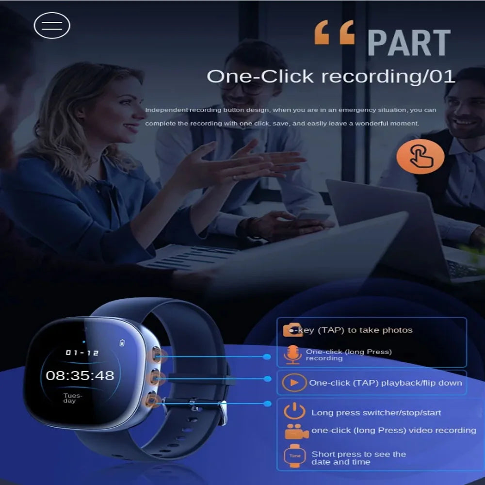 1080P Watch Mini Camera Audio Video Sound Voice Recorder Micro Smart Watch 4-128GB Sport DV Noise Reduce Recording Smart Watch