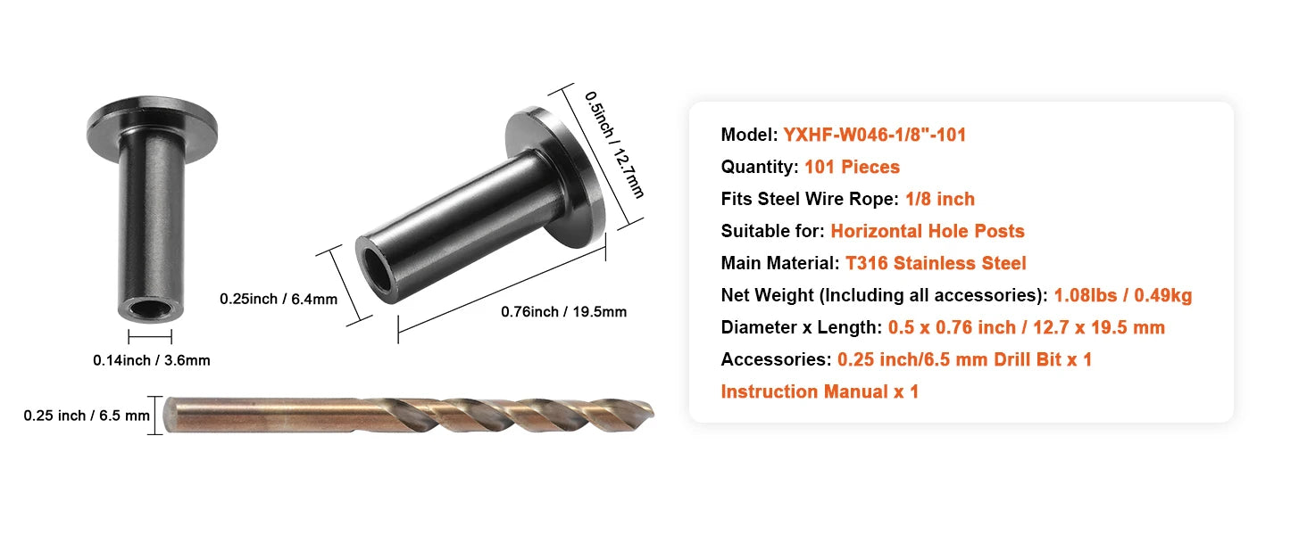 SucceBuy 121/81/101 pack T316 nerezové ochranné návleky pro kabel z ocelového lanového ráhla o průměru 1/8" nebo 3/16"