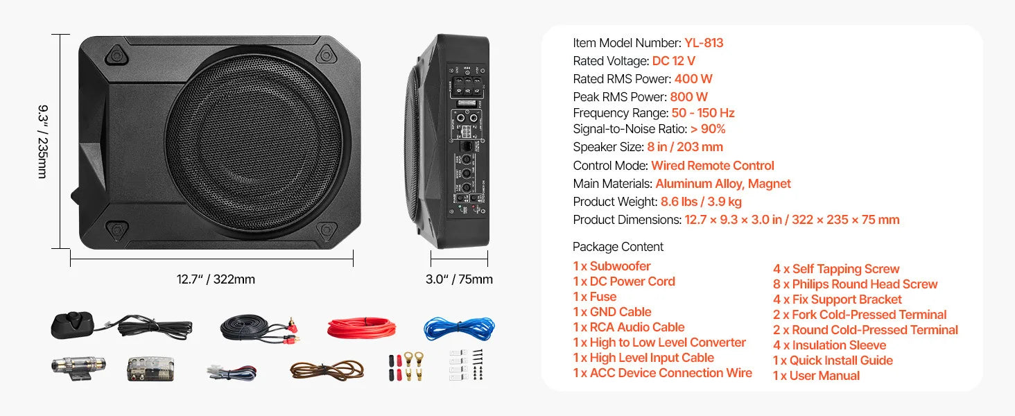 Subwoofer per auto da 8" sotto il sedile con amplificatore integrato 240W di potenza di picco