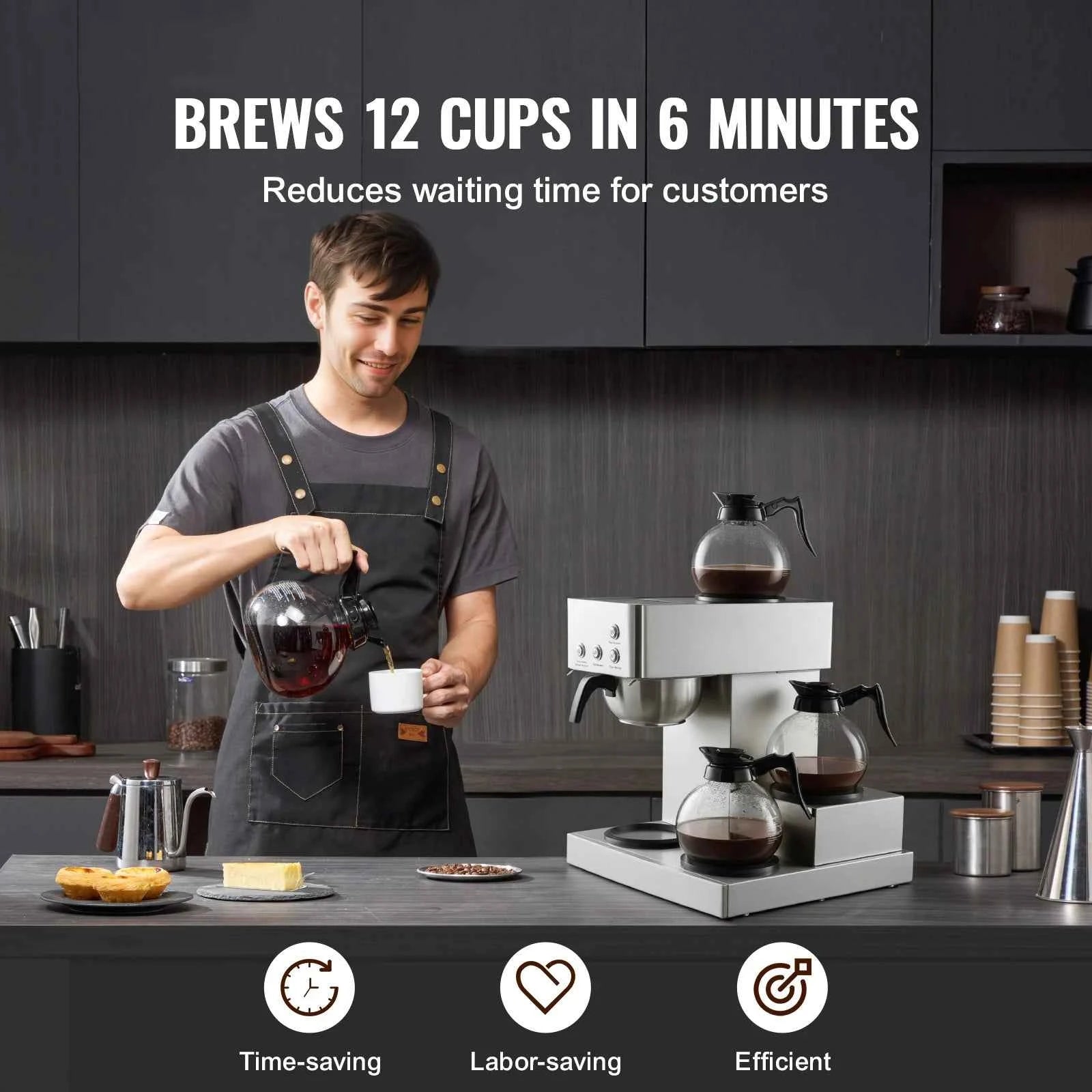 Commercial Drip Coffee Maker with Glass Carafes and Warming Plates