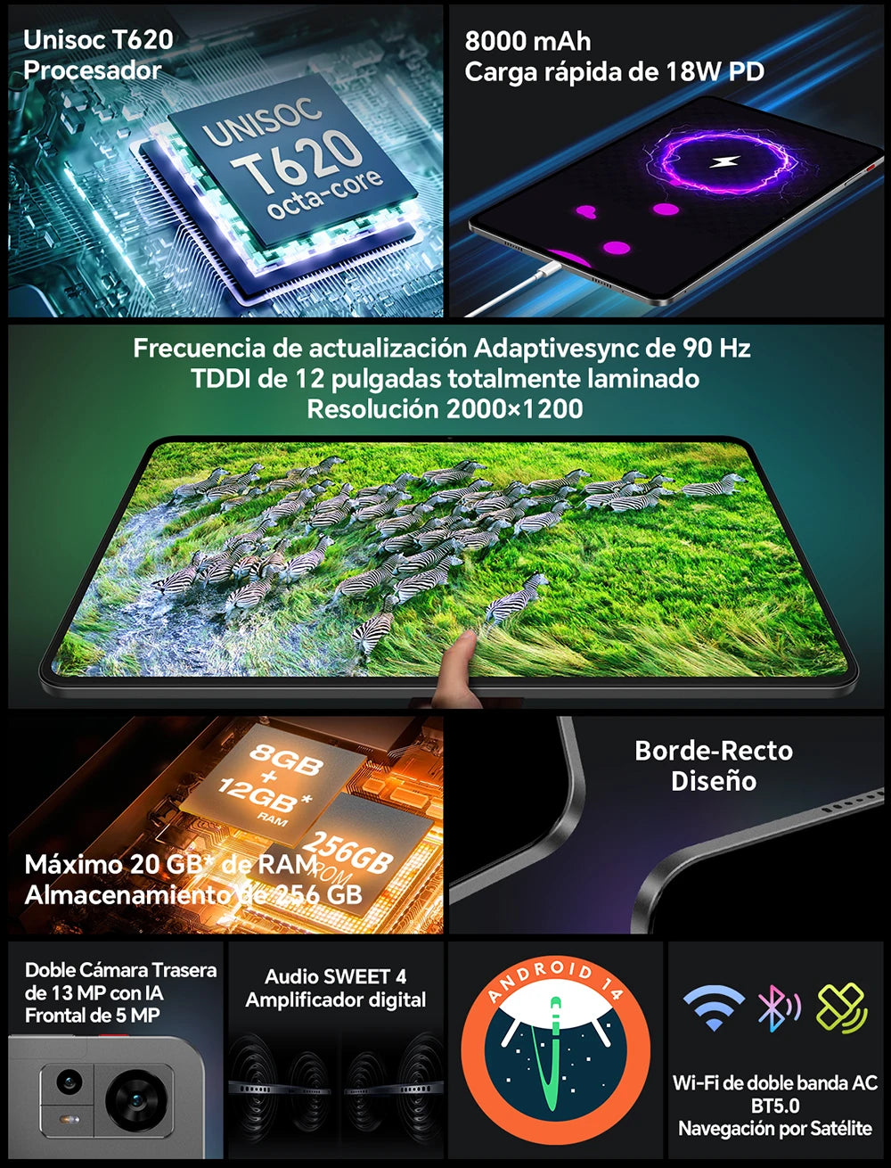 Teclast T60 12" Tablet Οθόνη 2K Android 14 T620 8-πύρηνος Μέγιστη 20GB RAM 256GB ROM 4G LTE τύπος C 8000mAh Γρήγορη Φόρτιση Widevine L1