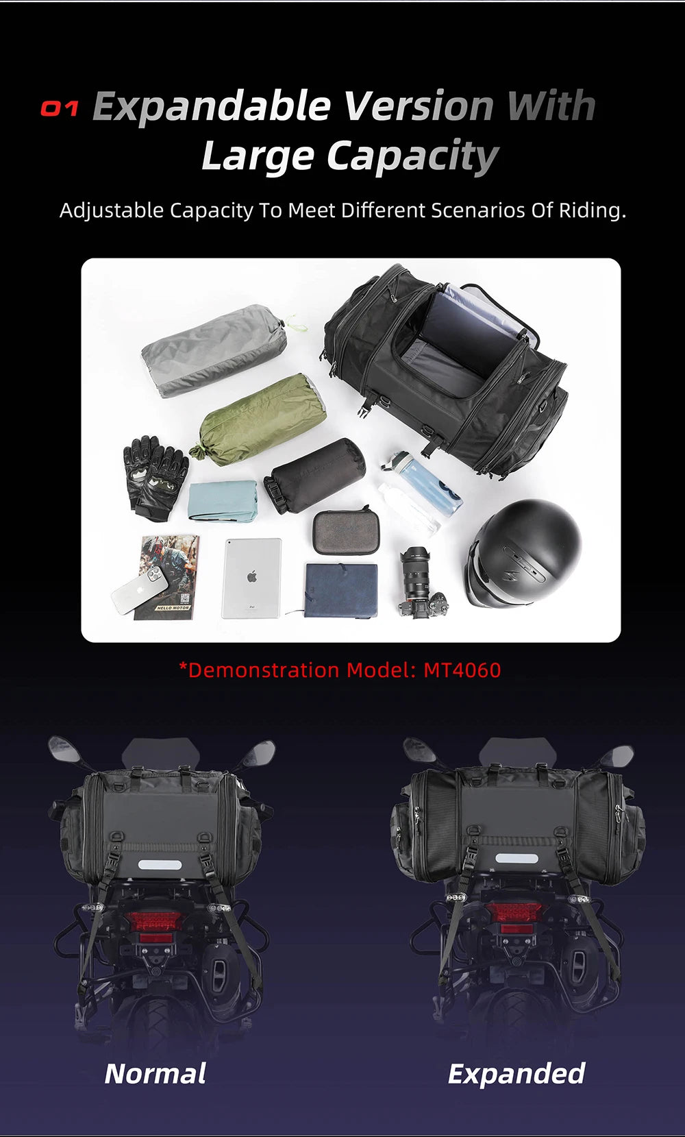 Motorcycle Tail Bag Expandable Luggage 19L–80L Rack Trunk Storage