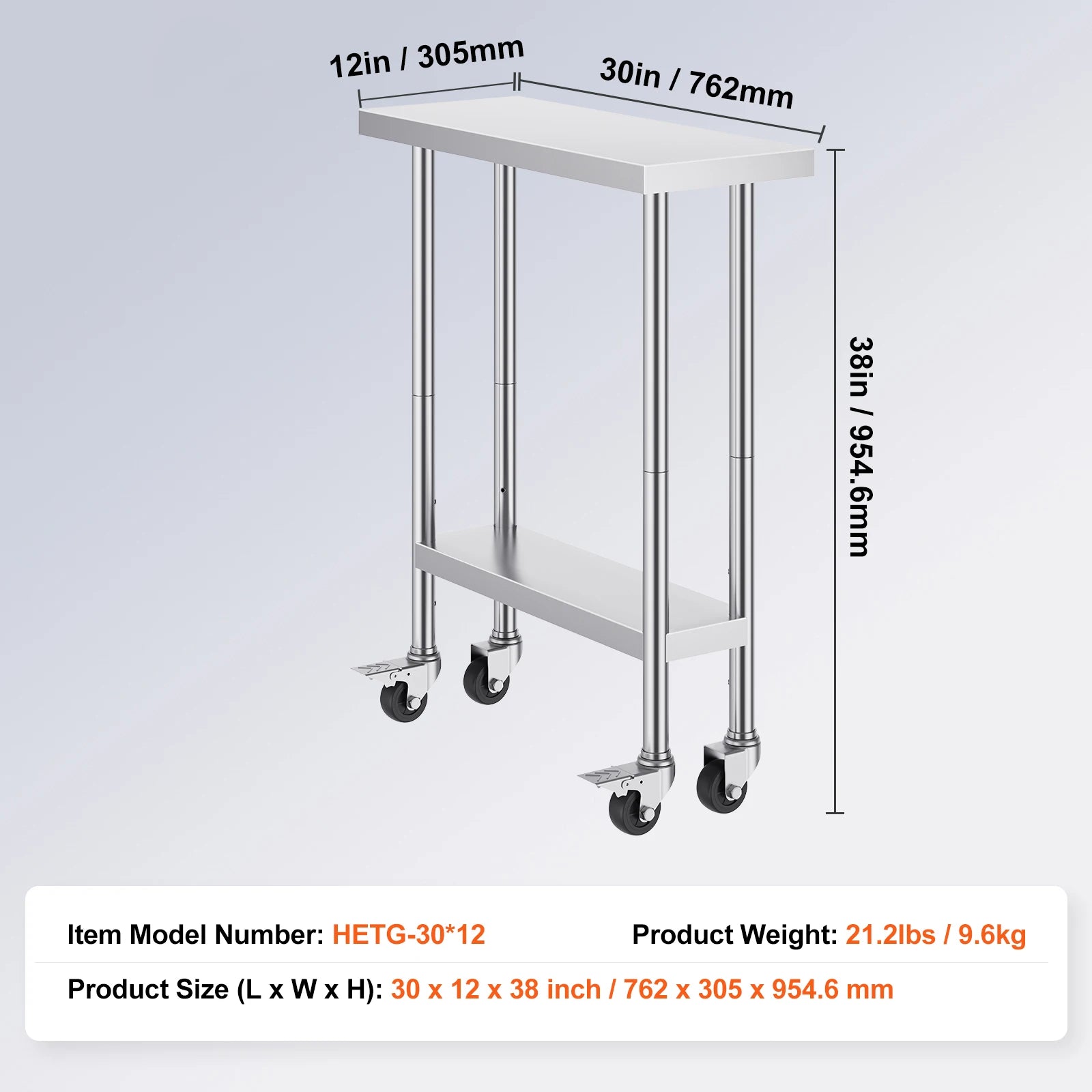 Stainless Steel Work Table with Wheels & Adjustable Shelves