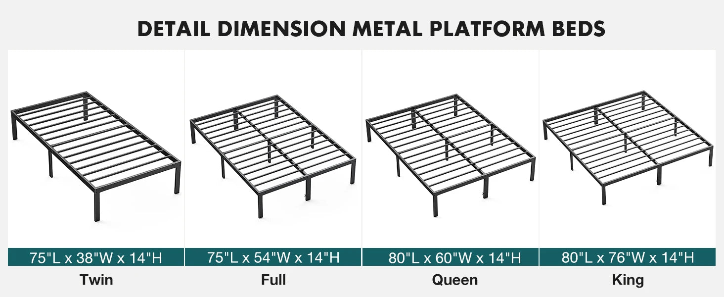 Metal Platform Bed Frame with Steel Slats and 14" Underbed Clearance