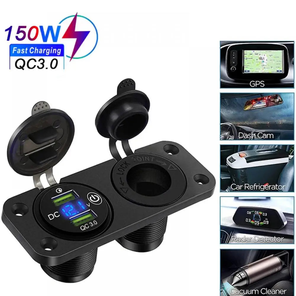 Waterproof Cigarette Lighter Outlet Quick Charge 3.0 12V/24V Dual USB Car Socket with LED Voltmeter Touch Switch for Car RV Boat
