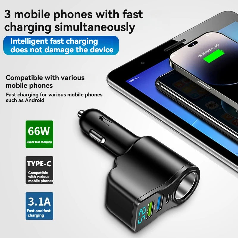 New digital display car fast charging dual USB car charger car one to three cigarette lighter 66W car multifunctional charger - Spy-shop.com