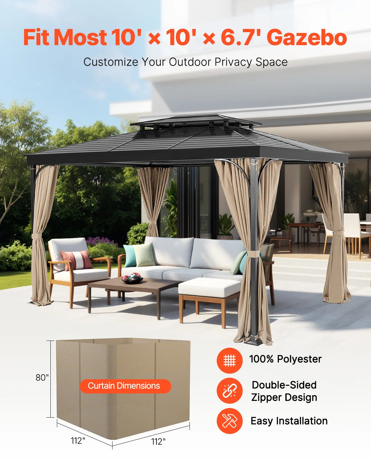 SucceBuy Gazebo Gardiner 4-panel sidevæg gazebo privatlivsgardiner med lynlåse universel solskærm gardiner erstatning til terrasse