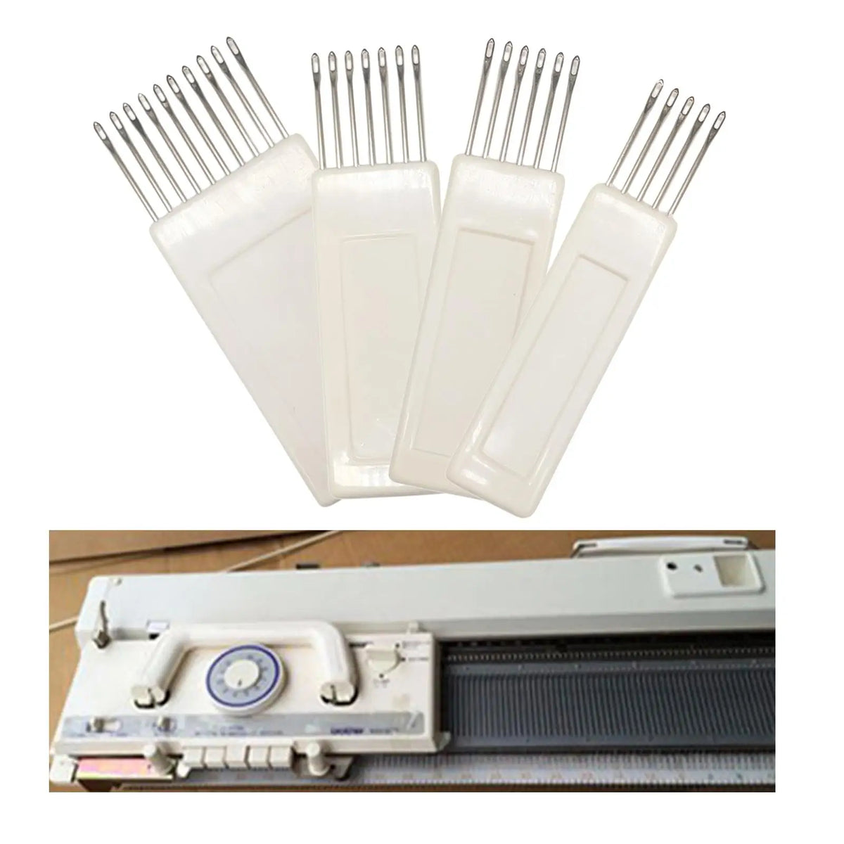 Zdrobit de transfer pentru mașina de tricotat? Wait careful. "Knitting Machine Transfer Combs" translates to "Piepteni de transfer pentru mașina de tricotat" Yes.