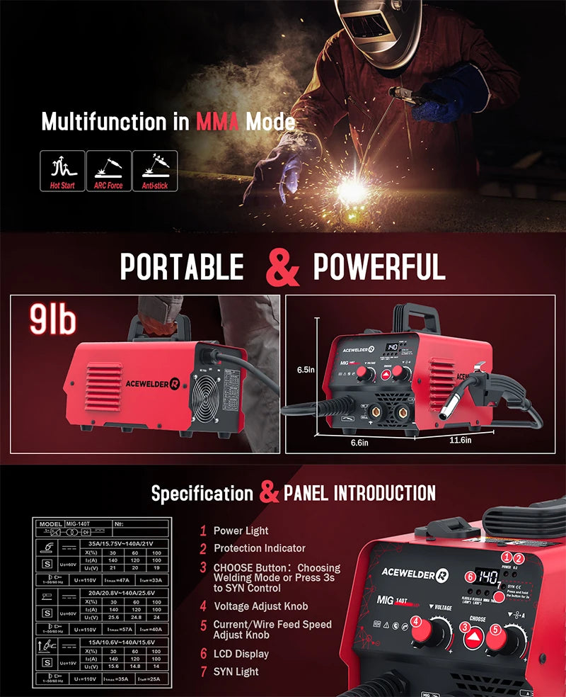 ACEWELDER 3 In 1 Welding Machine 140A Flux Cored MIG ARC Lift TIG Welder 110V IGBT Inverter Gasless Welding Machine