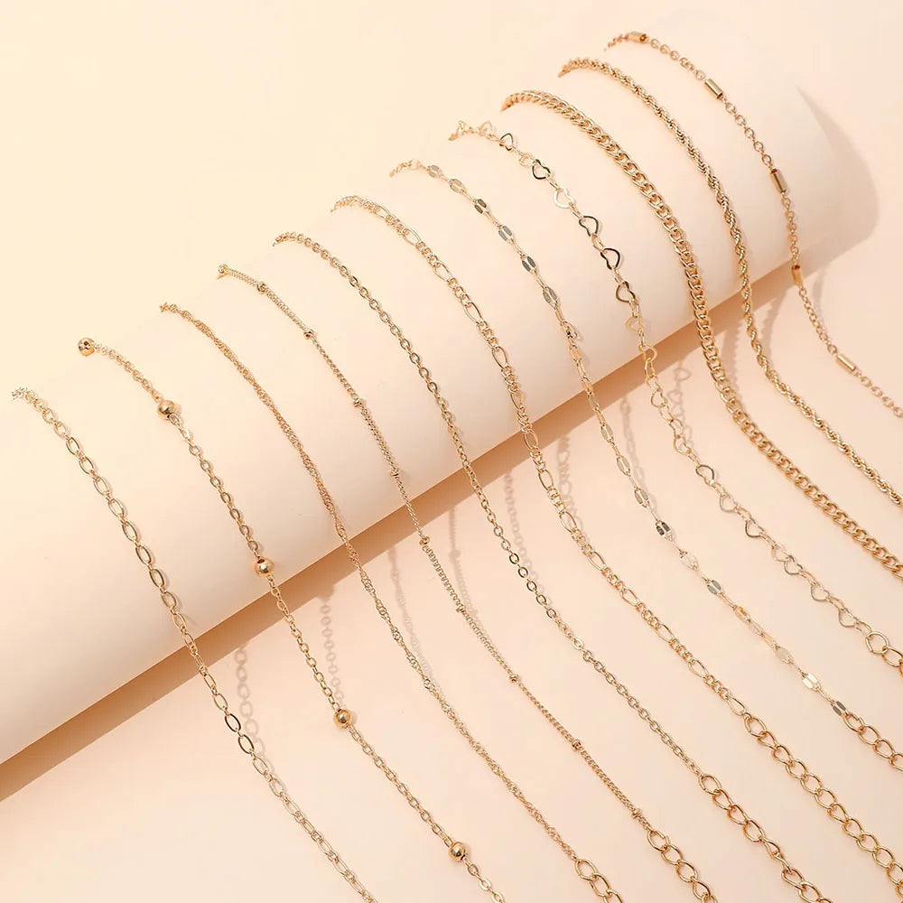 11pcs/Set Stile Punk Semplice Elegante Bracciale a Catena Cavo con Cuore e Perline Set Adatto per l'Uso Quotidiano Femminile Regalo