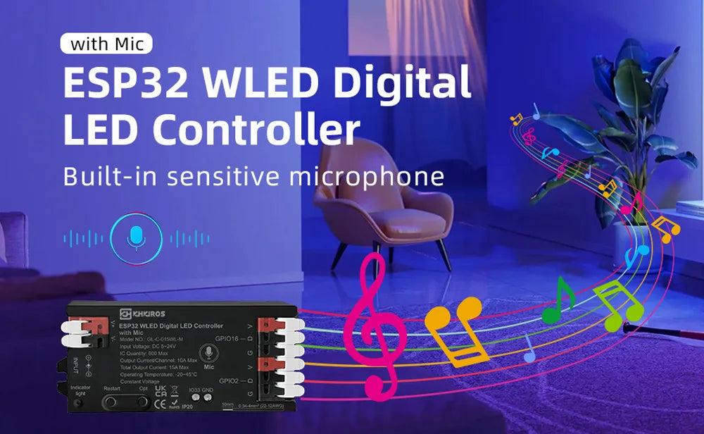 Controlador LED direccionable ESP32 WLED con micrófono