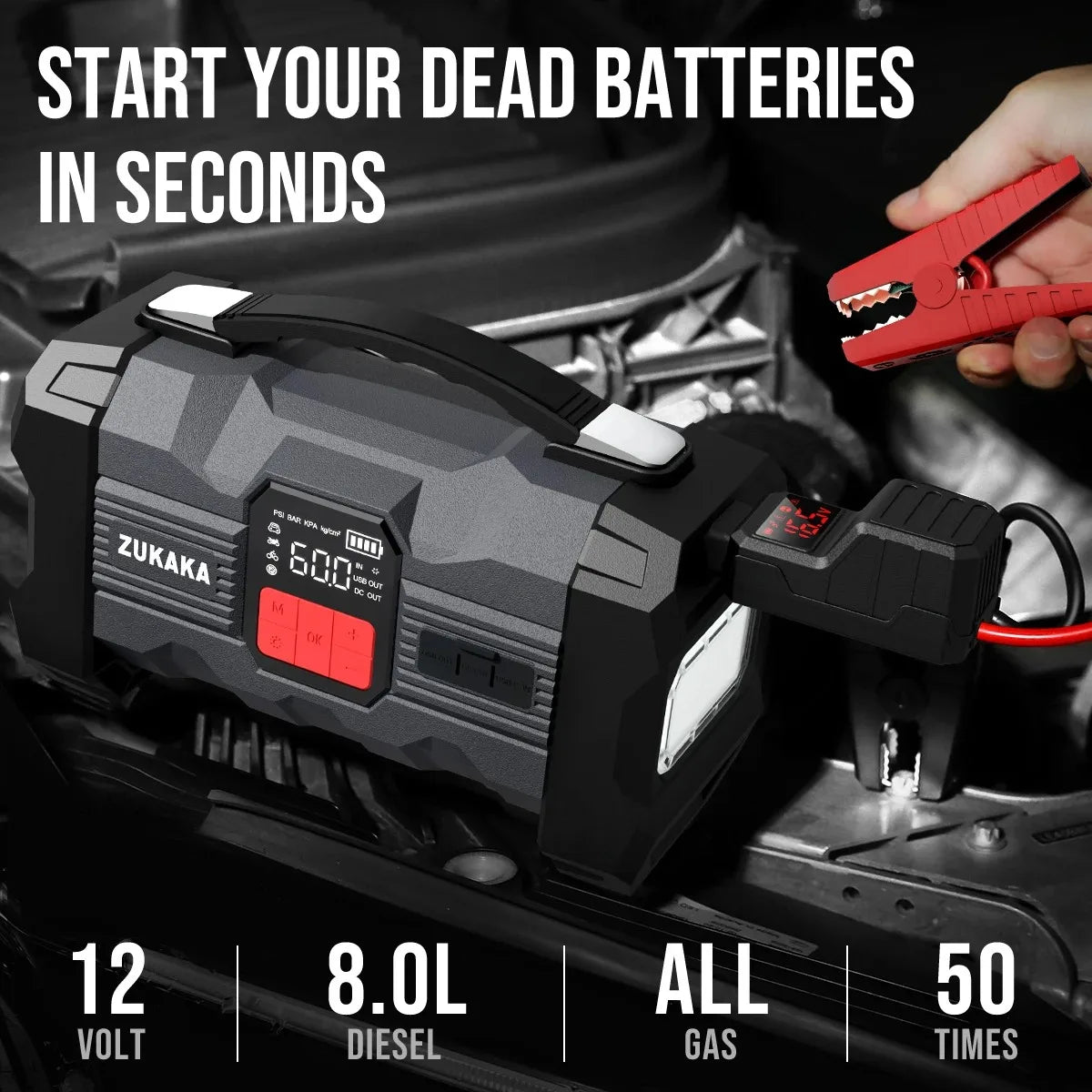 26800mAh Jump Starter with Air Compressor 1000A/1500A PEAK  Booster Tyre Inflator Portable Car Battery Power Bank Charger Air Pump,with LCD Display, Jump Starter Power Bank  (All Gas/ 8.0L Diesel), LED Light, Design for Cars,