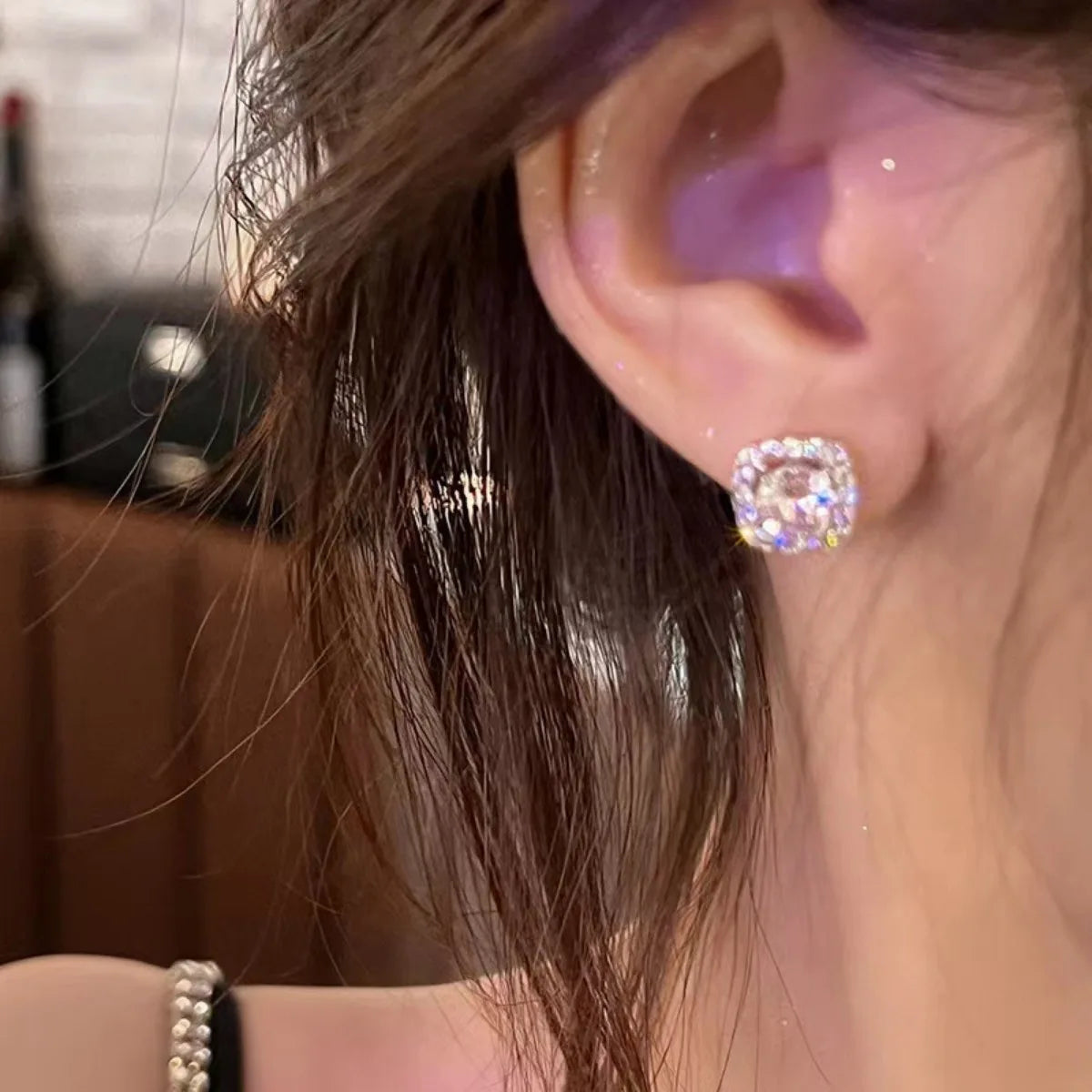 2pc Shiny Imitation Diamond Alloy Earrings Square Large Round Glass Rhinestone Women's Light Luxury Silvery Temperament Jewelry 