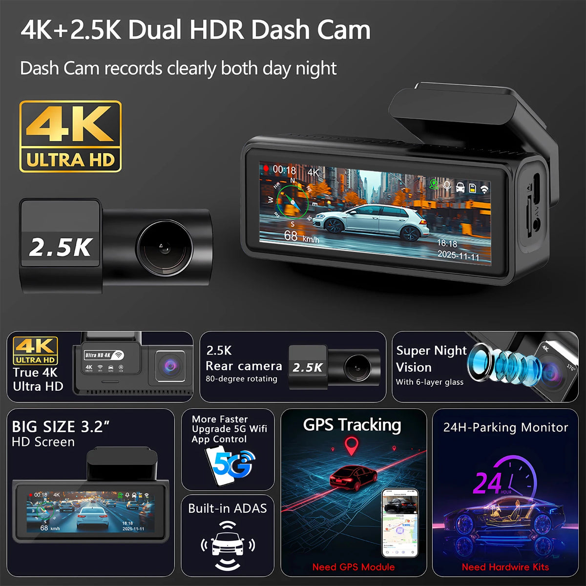 WiFi és GPS elülső és hátsó dash kamera