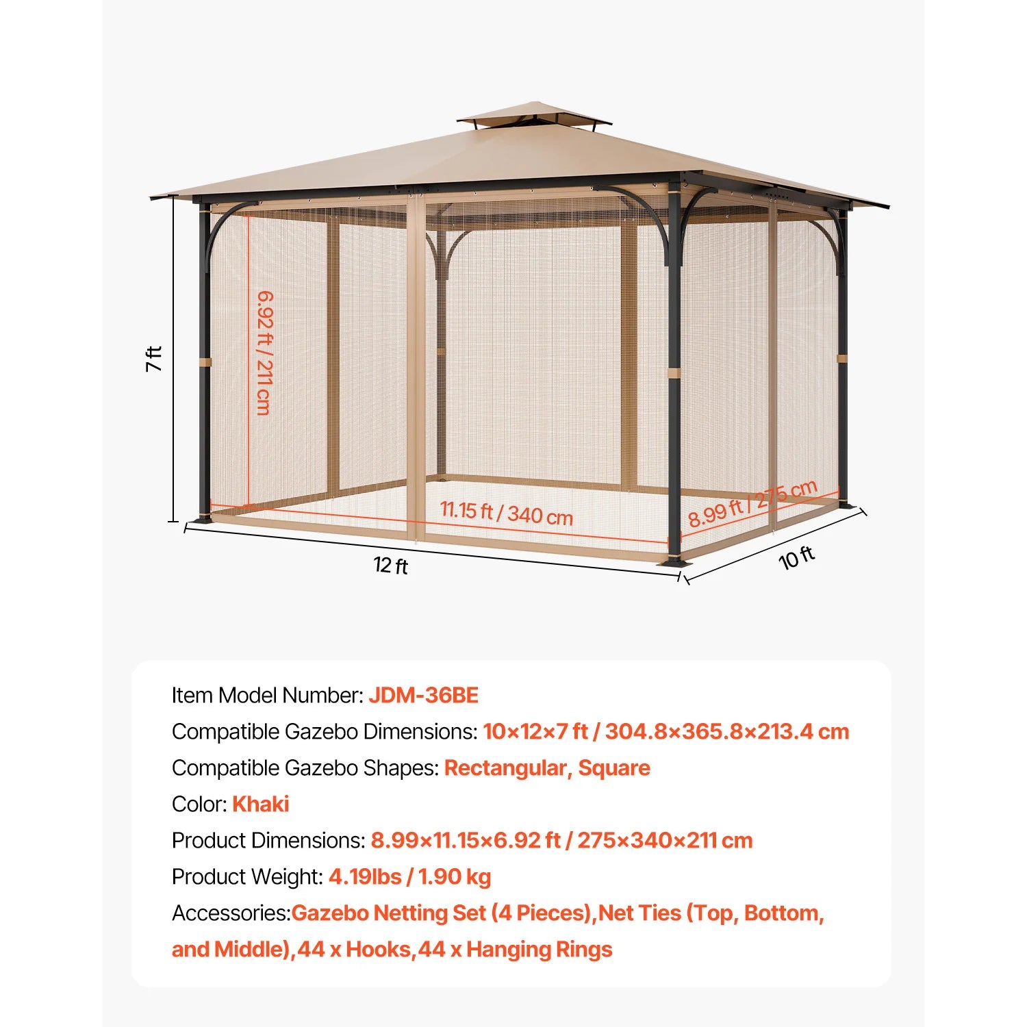 SucceBuy Plasă/Net gazebou înlocuire potrivit pentru majoritatea 10 x 12 x 7 ft Gazebo: perdea/tapiserie 4 panouri siderale plasă cort plasă ecran (Numai plasă)